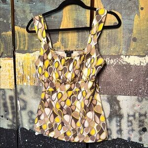 Ann Taylor Yellow, Brown & Cream Retro Print Tank Top